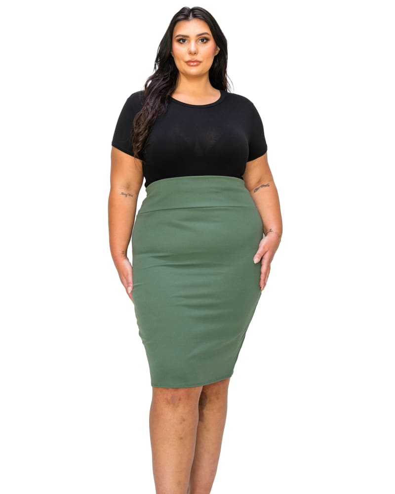 Front of a model wearing a size 3X Molly Pencil Skirt in Dk Sage by L I V D. | dia_product_style_image_id:320920